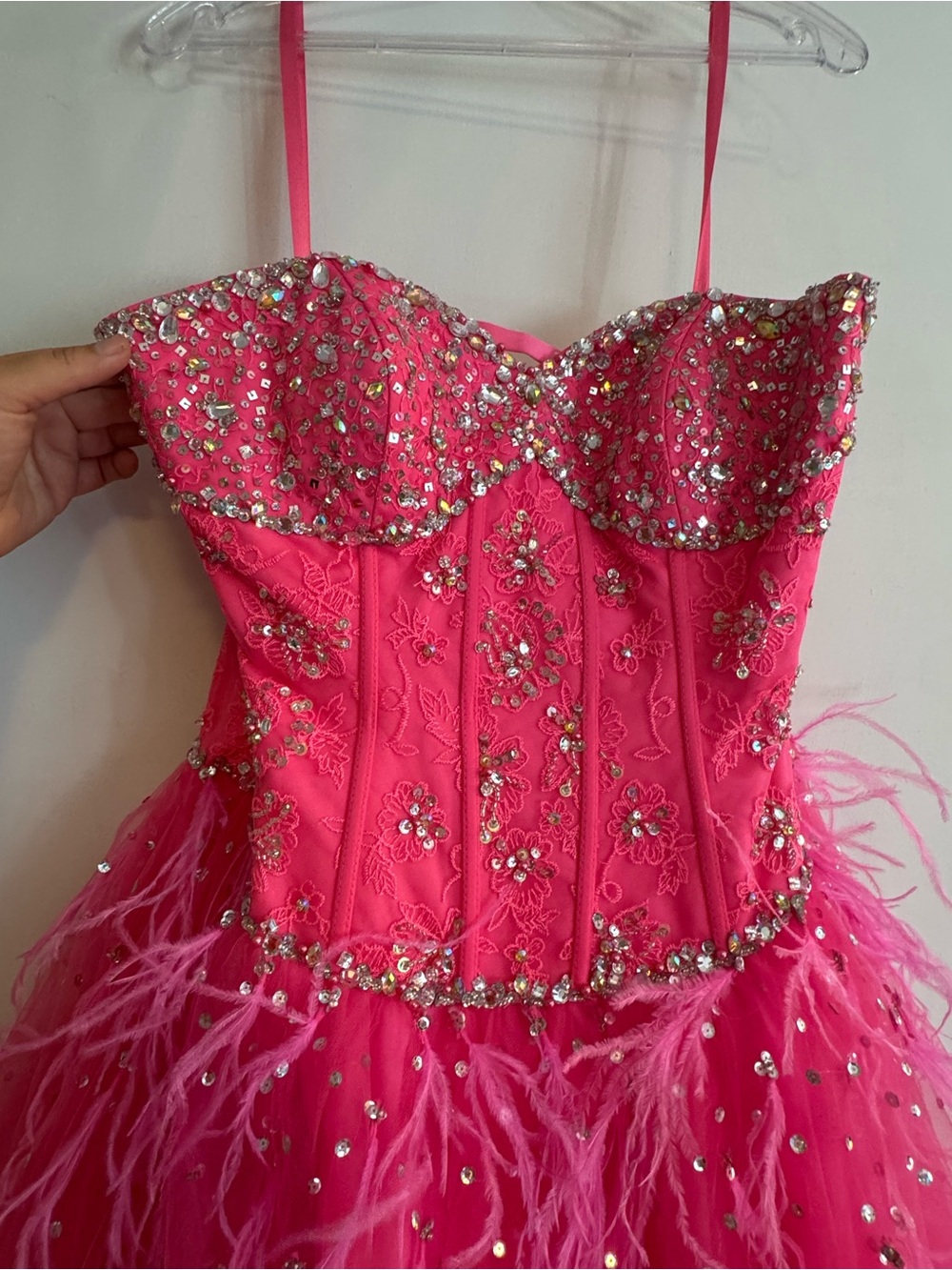 Women’s Hot Pink Sequin & Feather Prom Dress